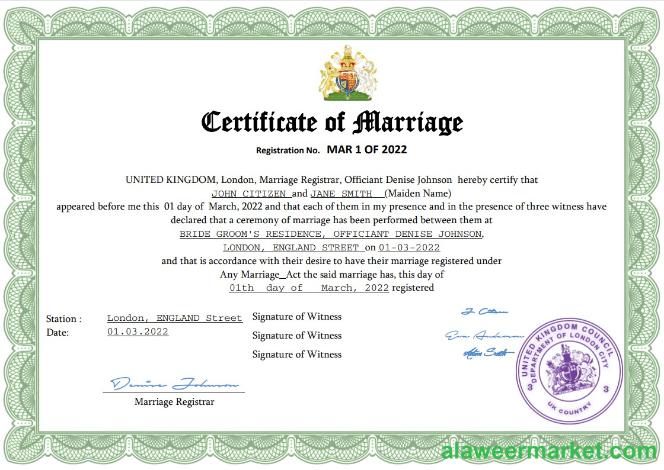 United Kingdom marriage certificate Word and PDF template